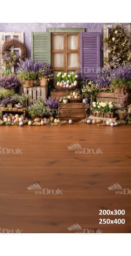 Tło fotograficzne „Rustykalne okno z lawendą i pisankami” | E642